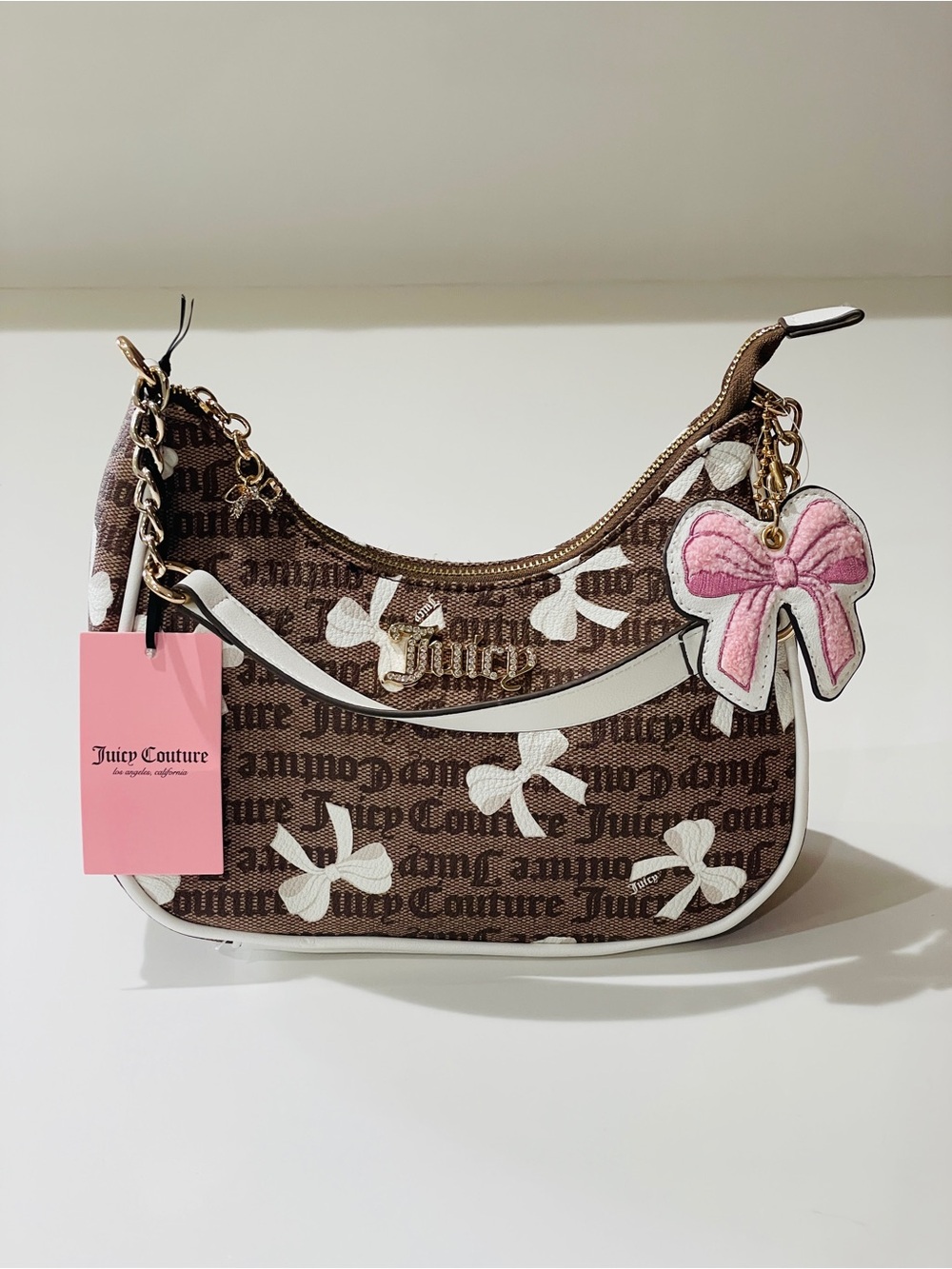 Juicy Couture Simply Sweet Coho Chestnut Bow Print Bag with Pink Bow Charm